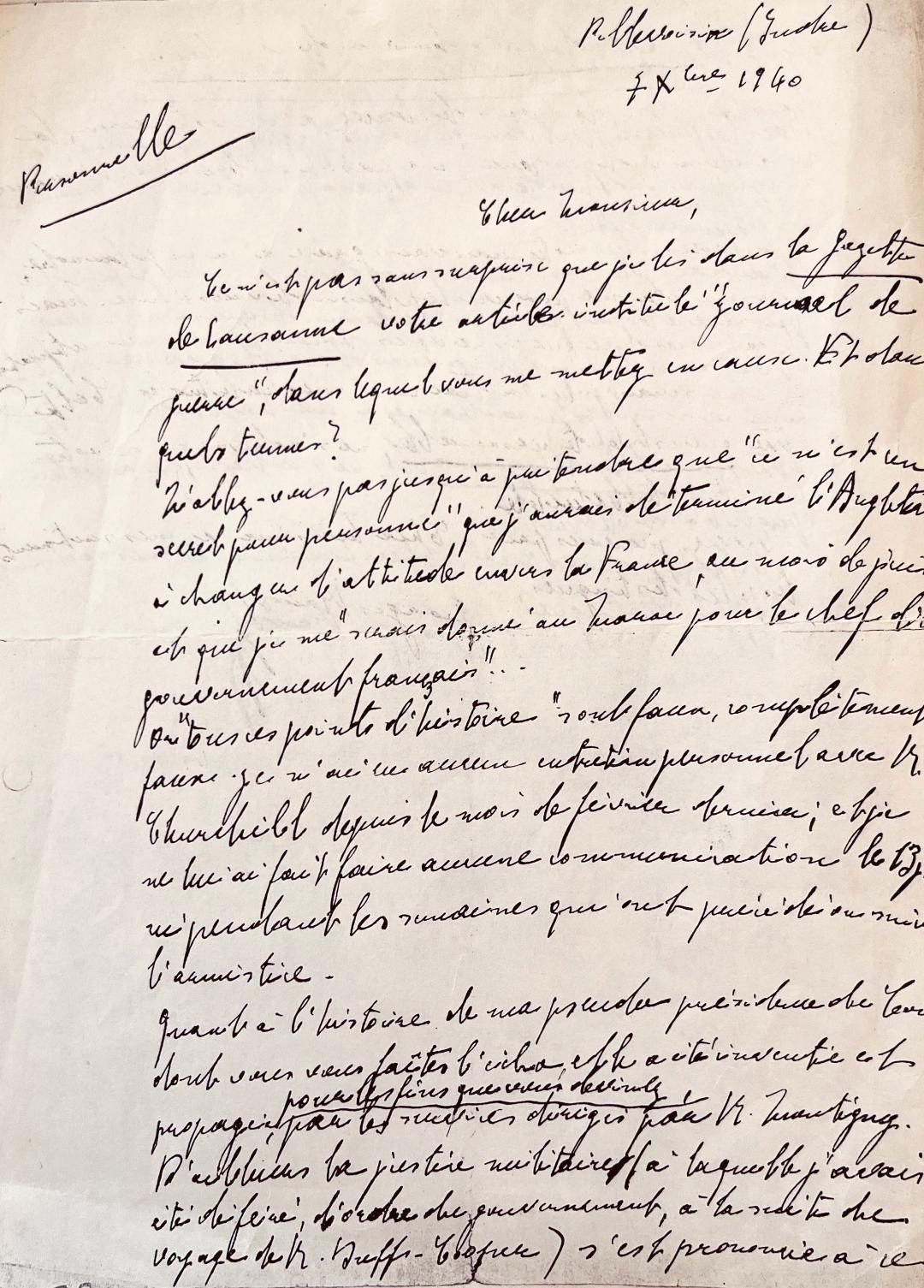 Lettre de Georges Mandel  à la Gazette de Lausanne